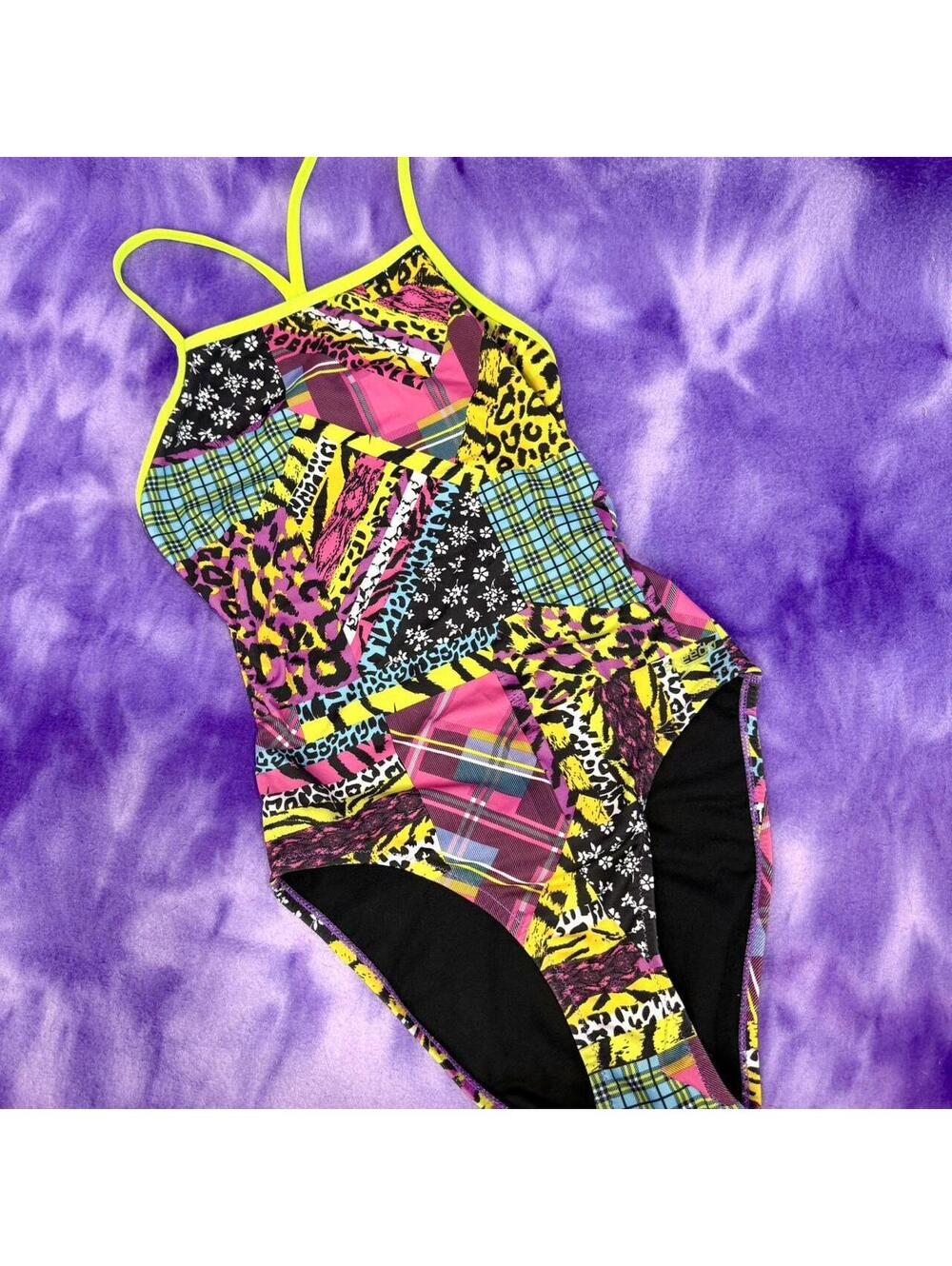 Speedo patchwork printed bright multi colored swimsuit